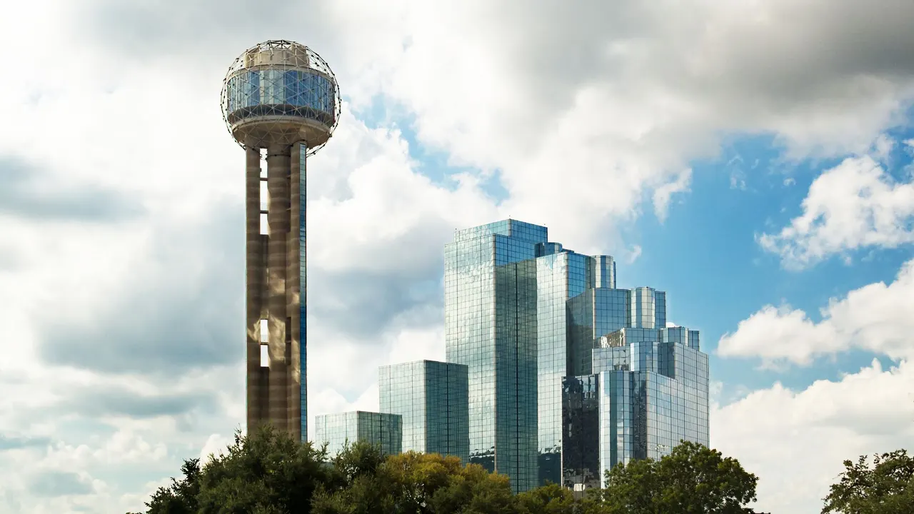 Reunion Tower and the downtown Dallas skyline.